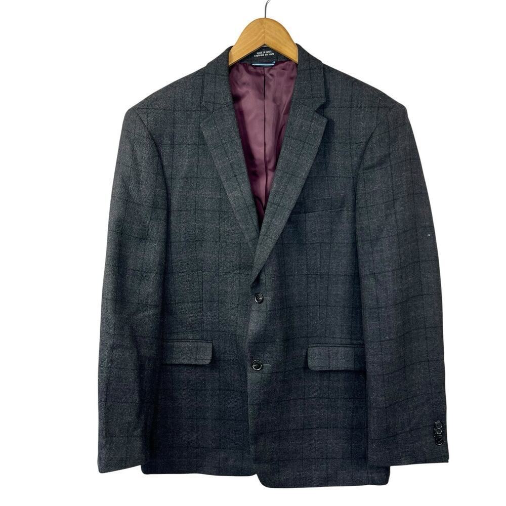 Tommy Hilfiger Dark Gray Plaid Worsted Wool Blazer Sport Coat Jacket 42L